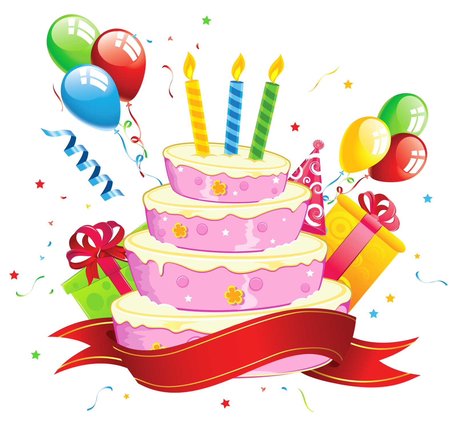 a birthday cake with balloons and streamers