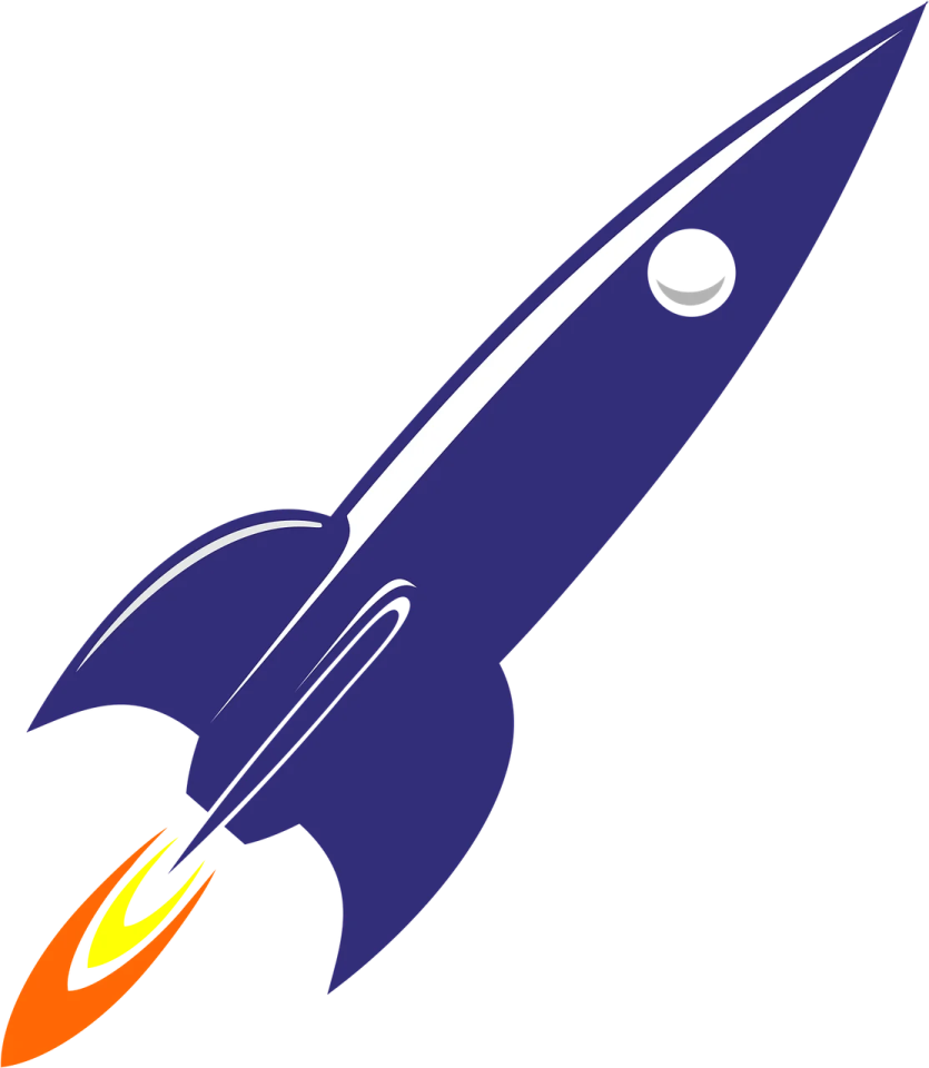a blue and orange rocket with a white background