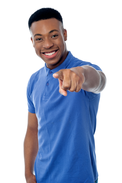 a man in a blue shirt pointing at the camera