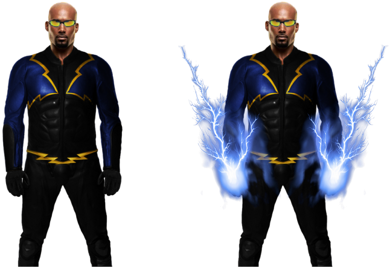 an image of a man in a black and blue costume