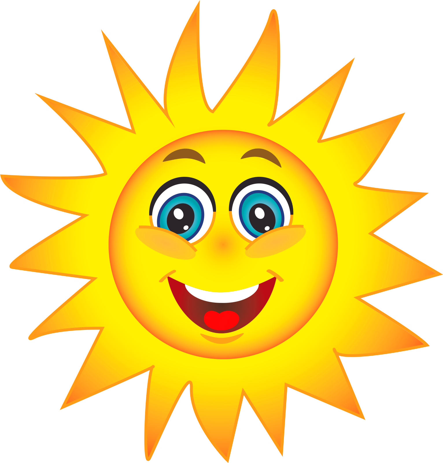 a smiling sun with blue eyes