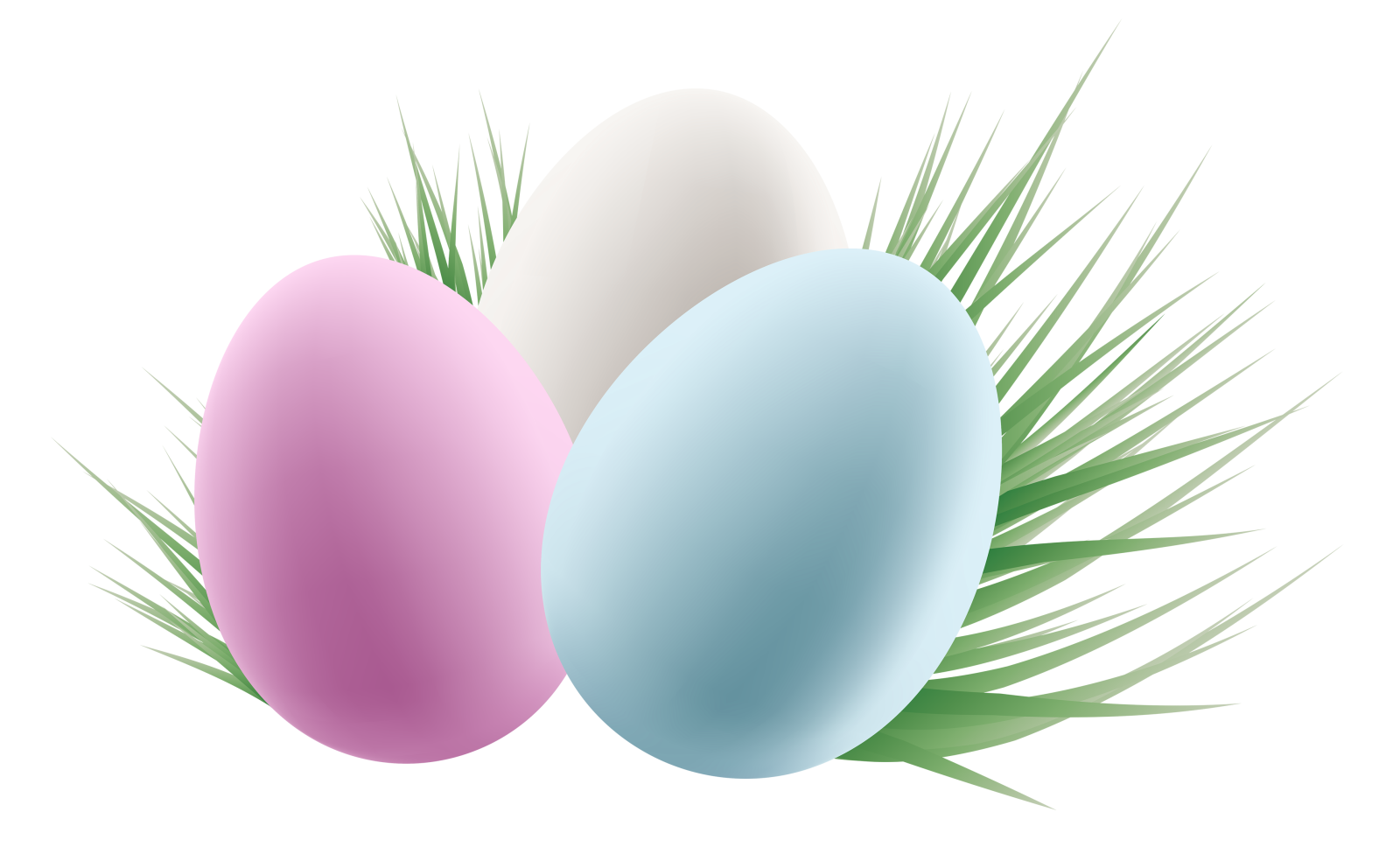 three colored easter eggs with green leaves