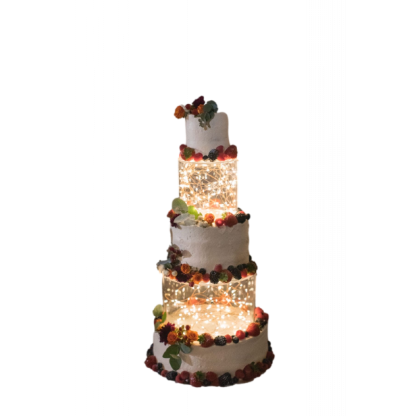 a white wedding cake with lights on top
