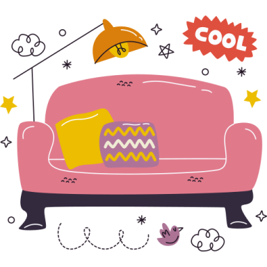 an illustration of a couch with pillows and toys
