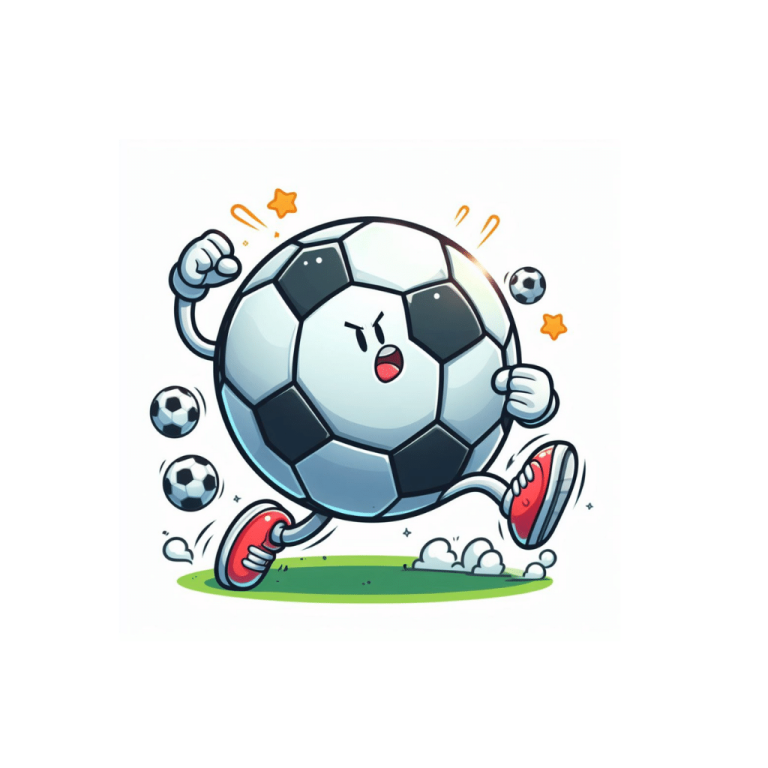 a cartoon soccer ball character kicking with his foot