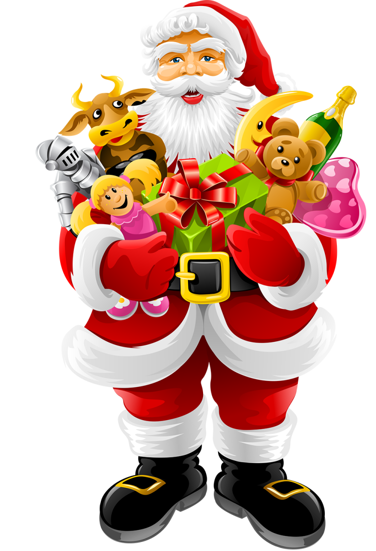 a santa claus holding a bunch of toys