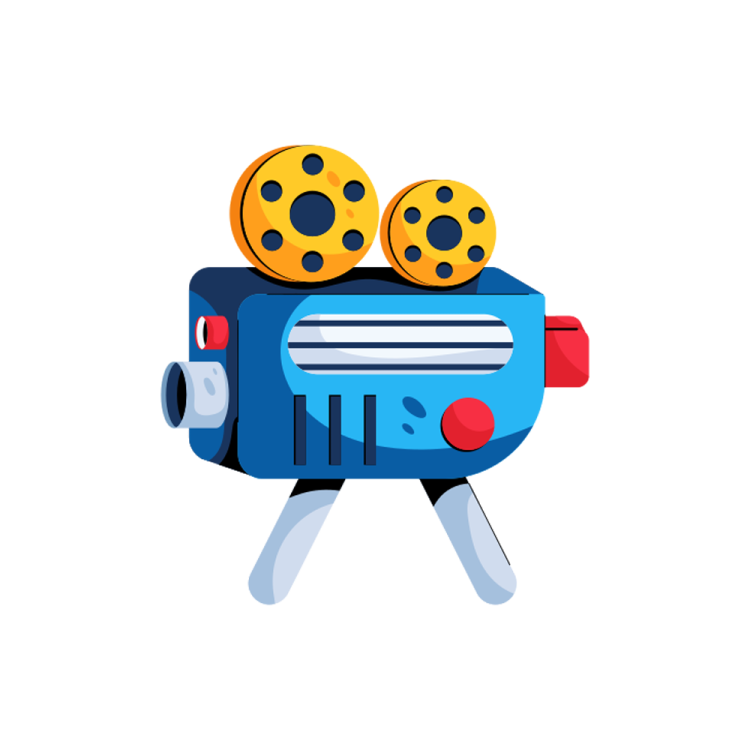 an illustration of a video camera with film reels