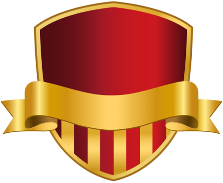 a red and gold shield with a golden ribbon