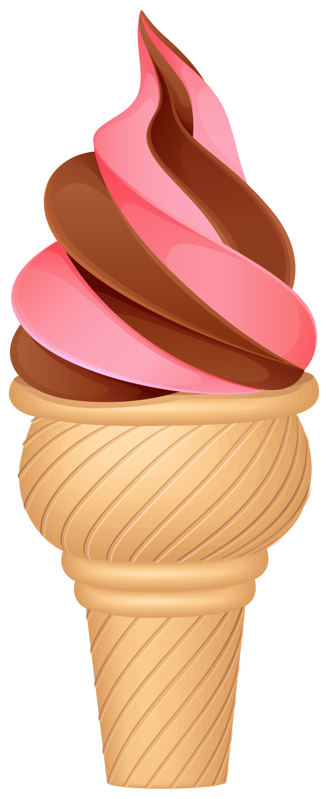 an ice cream cone with chocolate and pink frosting