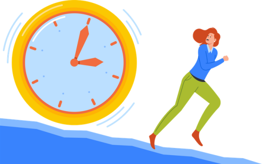 a woman running away from a clock