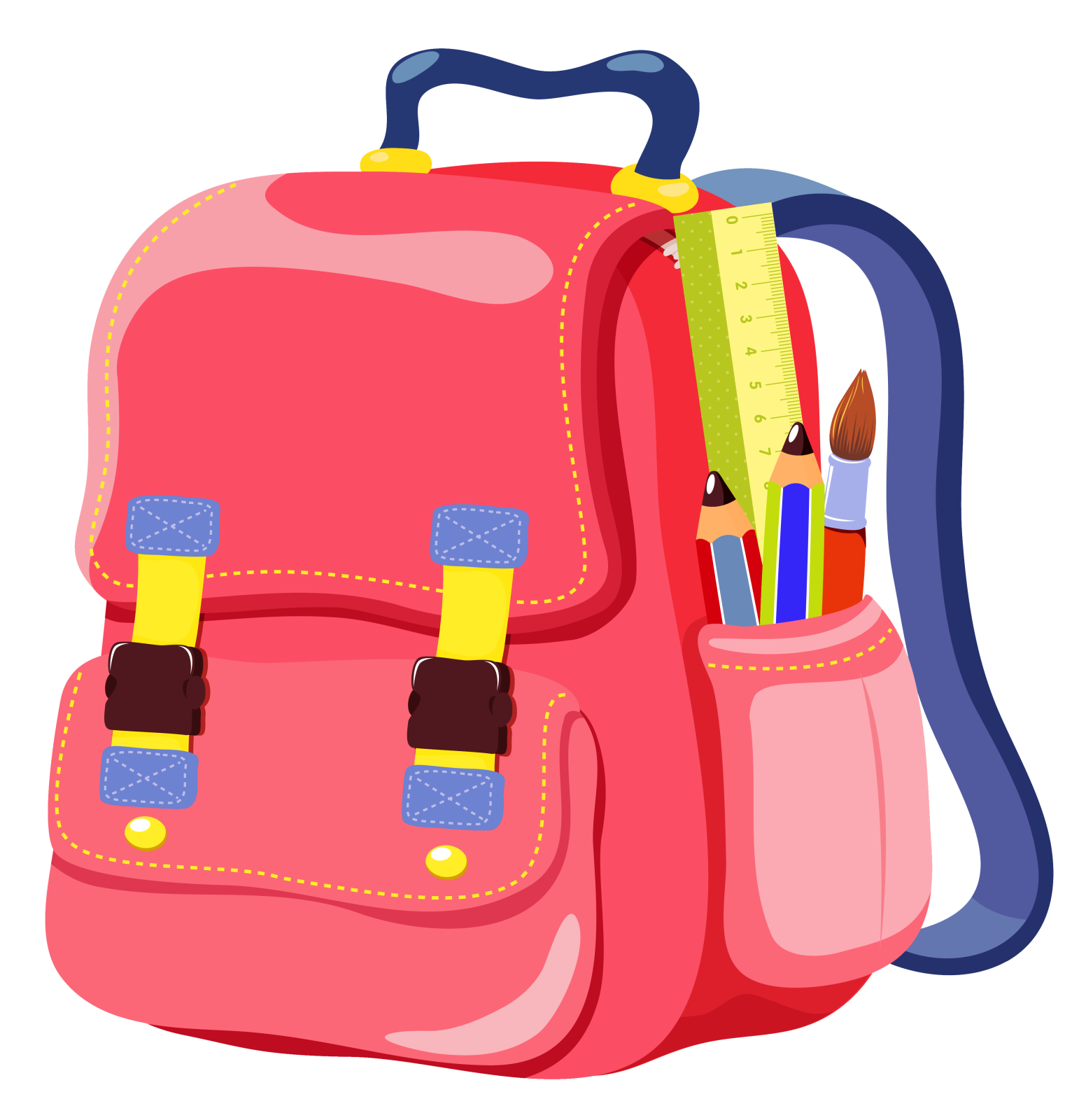 a pink backpack with school supplies on it