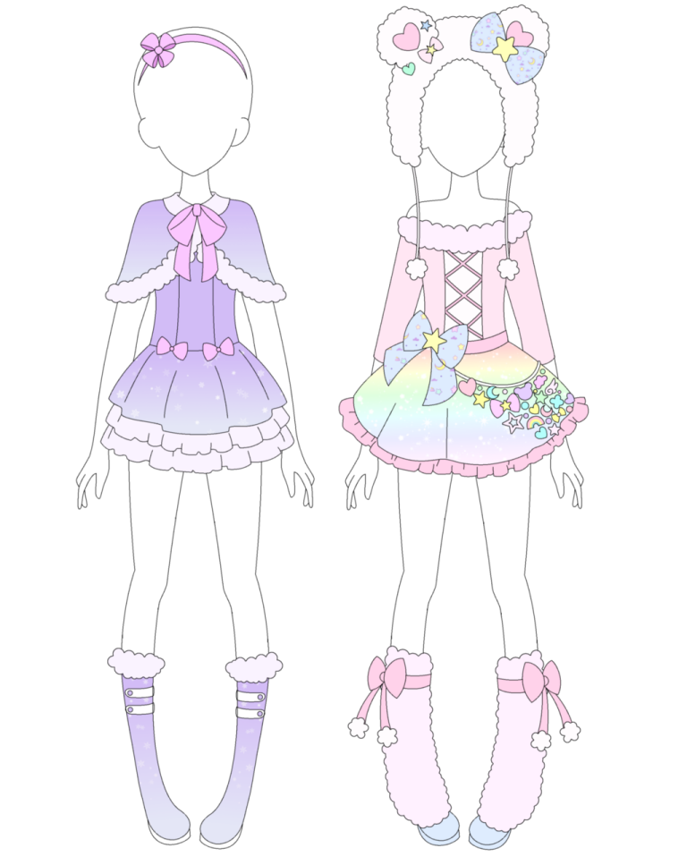 a drawing of two girls in different outfits
