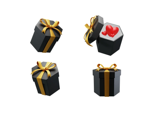 four black boxes with gold ribbons and a red heart