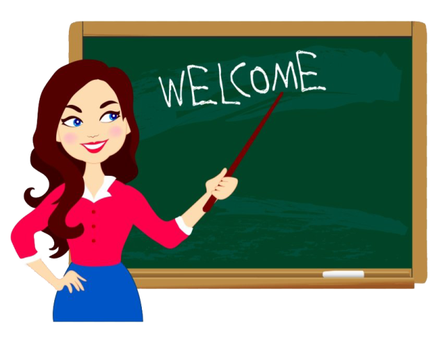 a woman standing in front of a blackboard with the word welcome