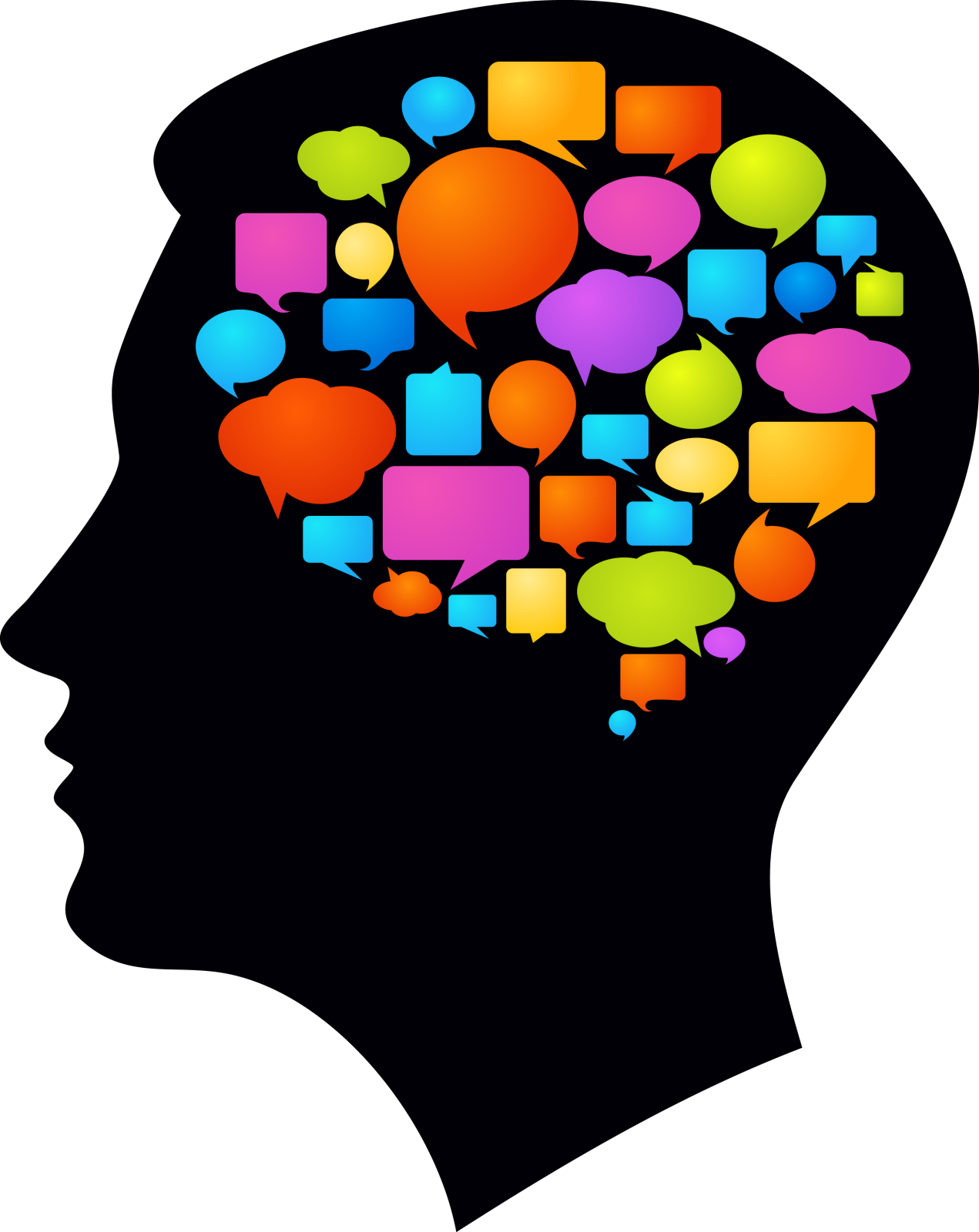a silhouette of a man's head with speech bubbles
