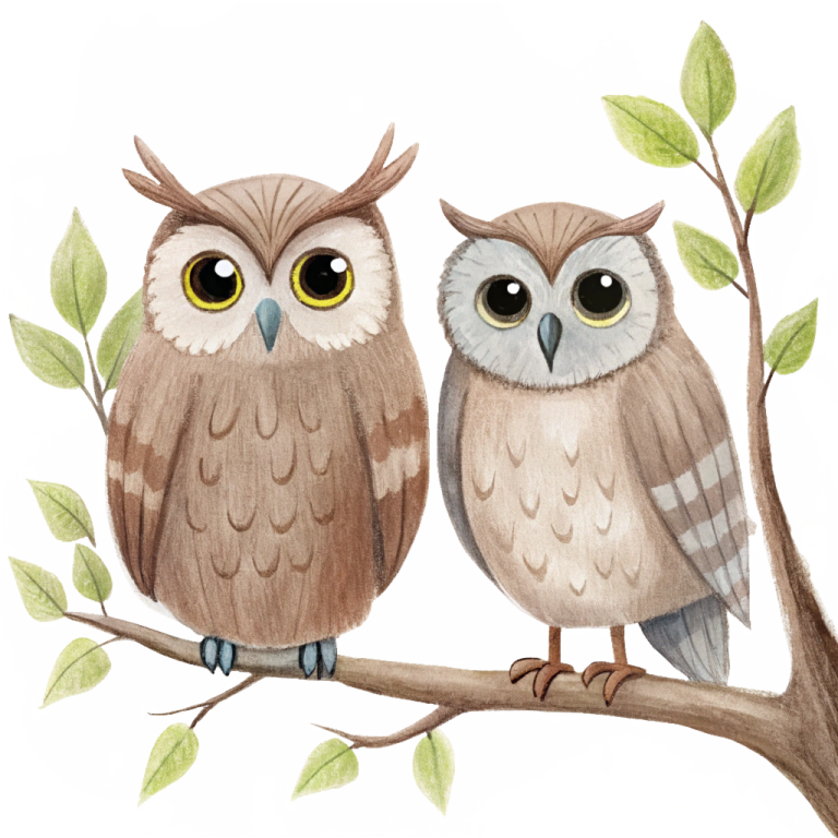 two owls sitting on a branch with green leaves