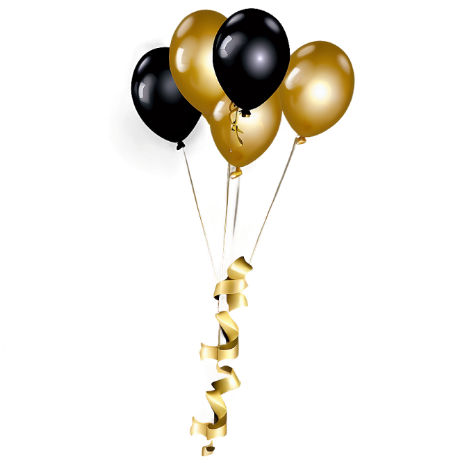 a bunch of black and gold balloons