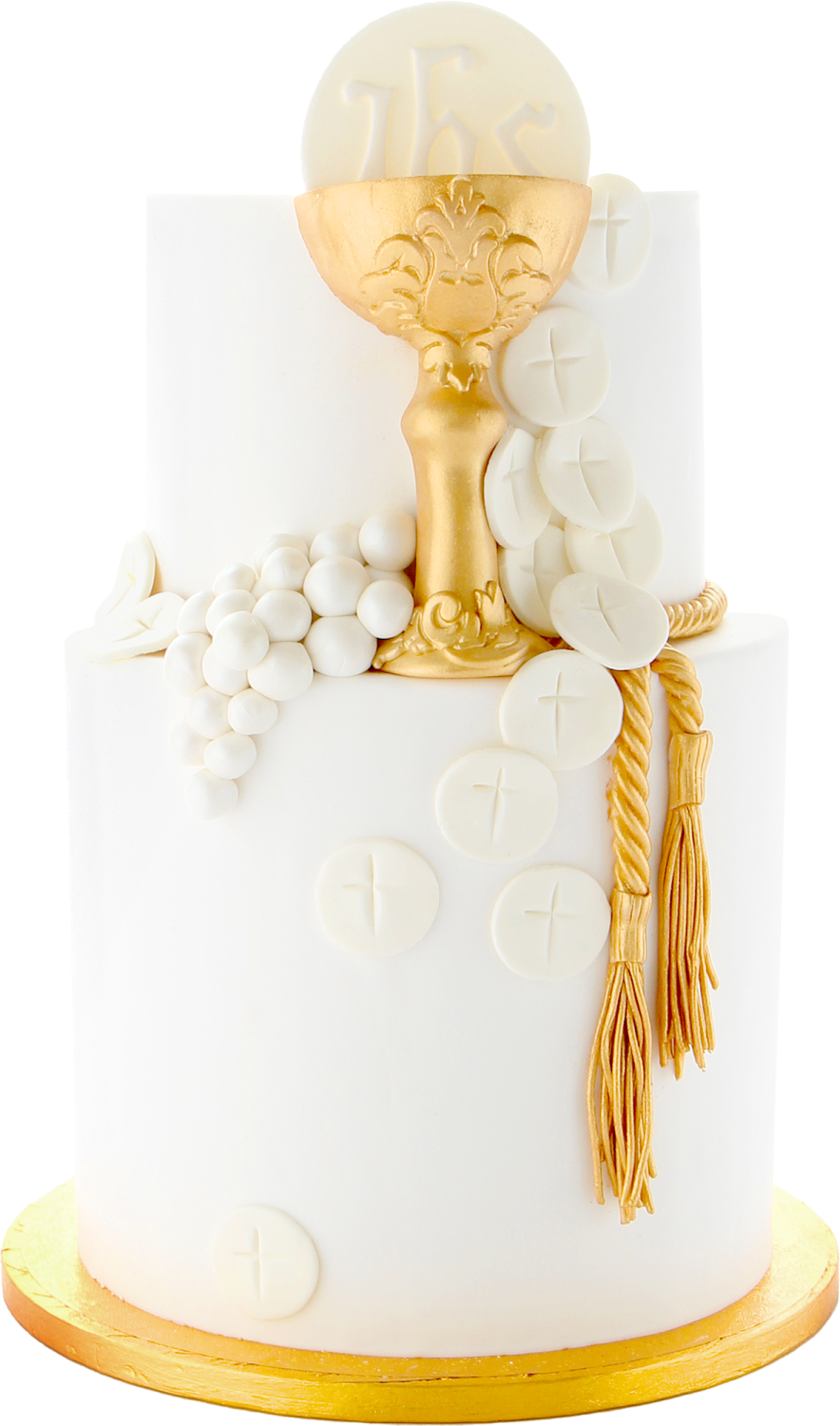 a white cake with gold decorations on top