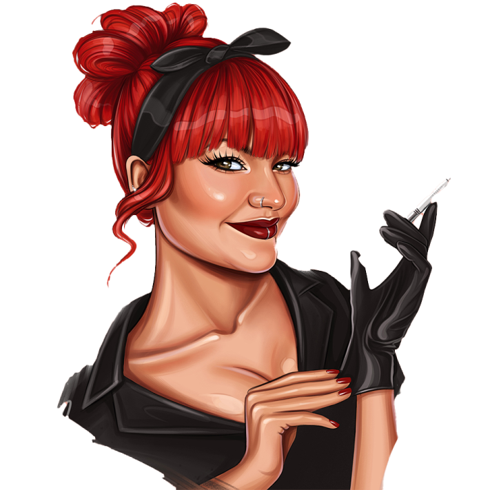 a woman with red hair and black gloves holding a cigarette