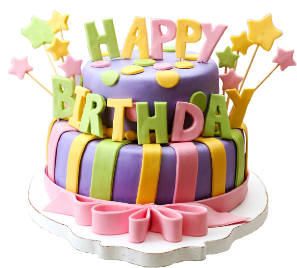 a birthday cake decorated with stars and ribbons