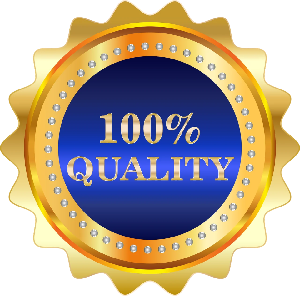 a blue and gold badge with the words 10 % quality