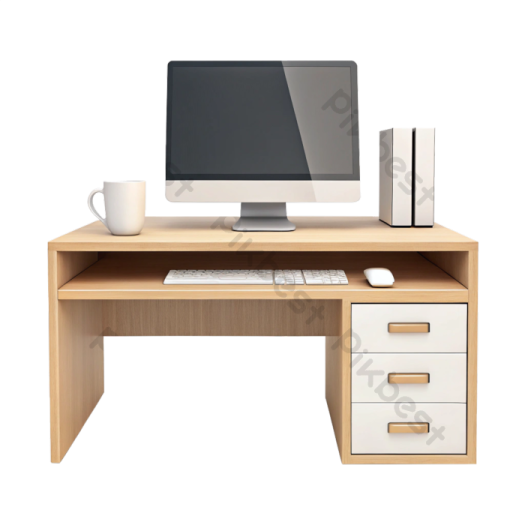 a computer desk with drawers and a monitor