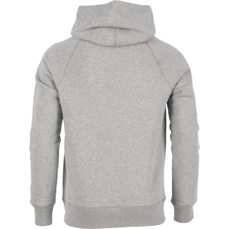 a grey sweatshirt with a hoodie on the back