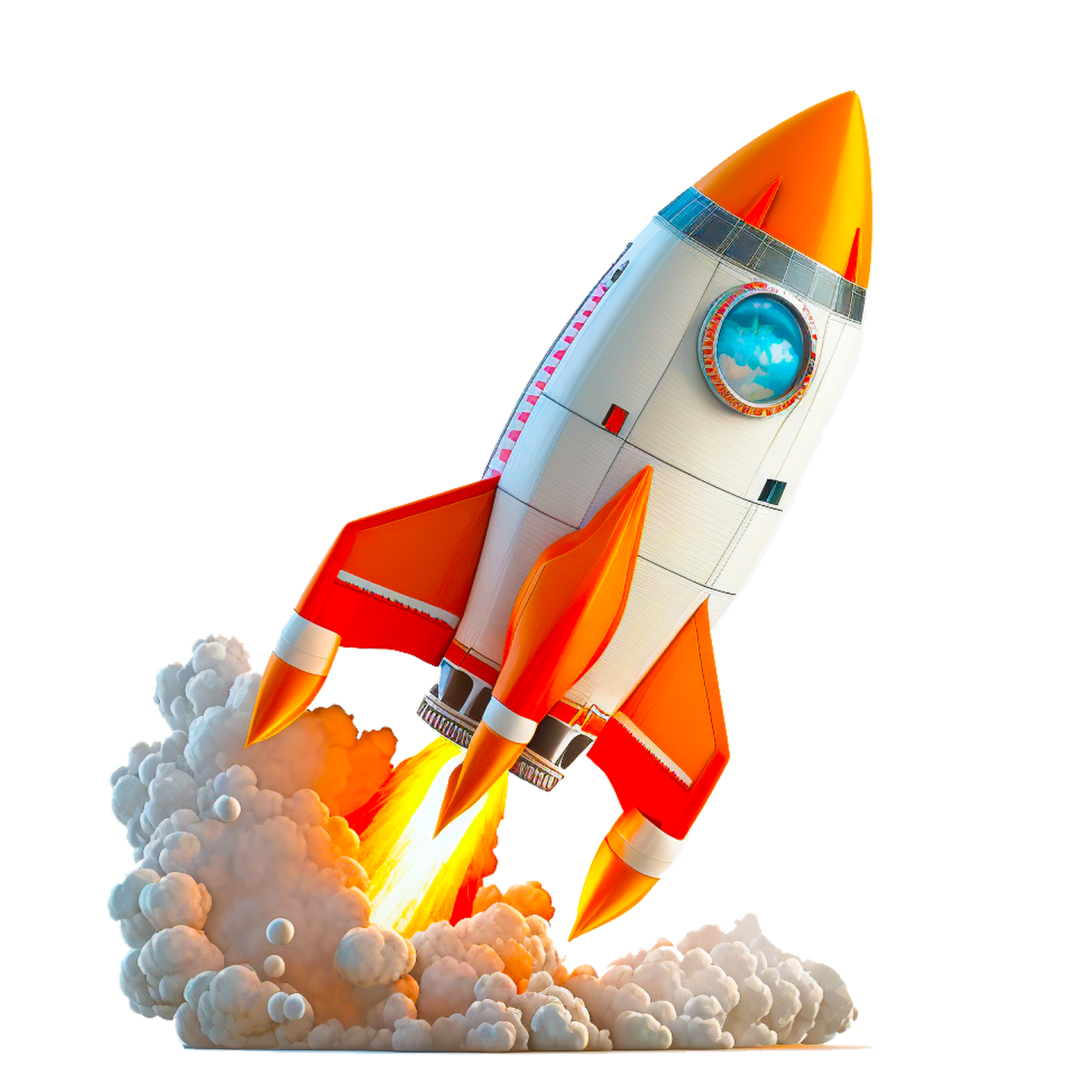an orange and white rocket is flying through the clouds