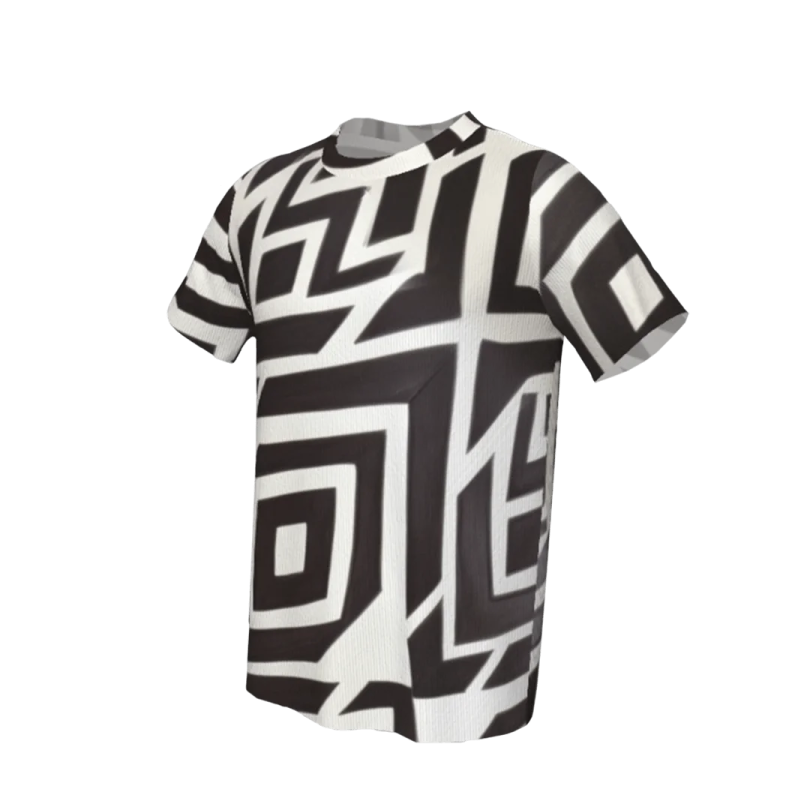 a black and white t - shirt with geometric design