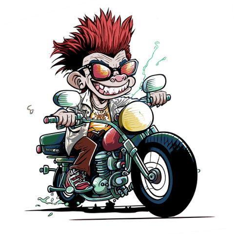 a cartoon character riding on a motorcycle