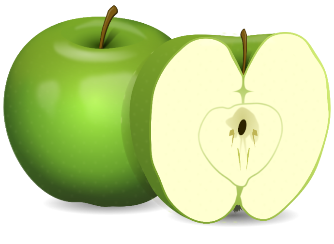 two green apples with one cut in half