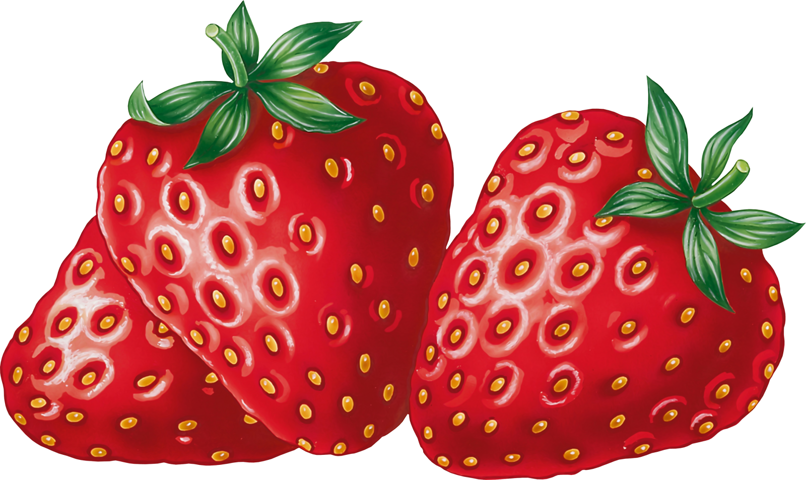 two red strawberries with green leaves