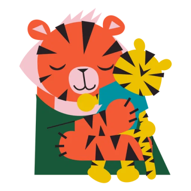 an illustration of a tiger with flowers in its mouth