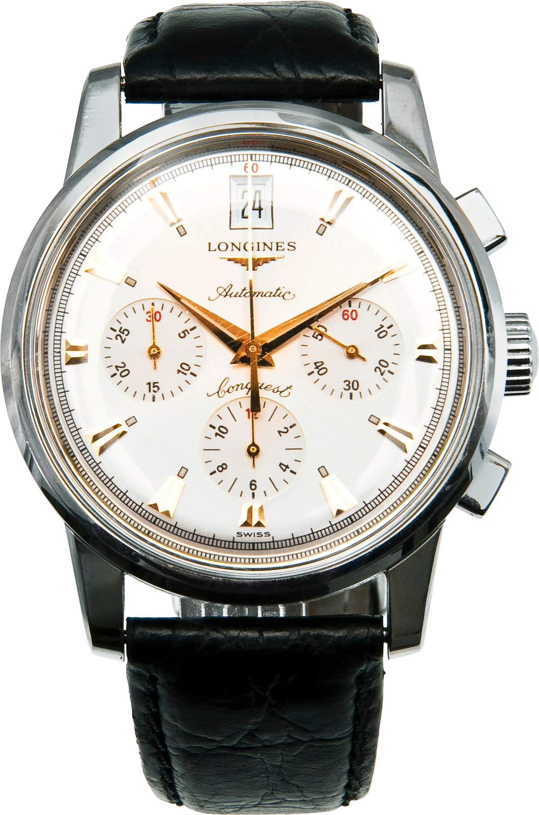 a watch with white dial and black leather strap