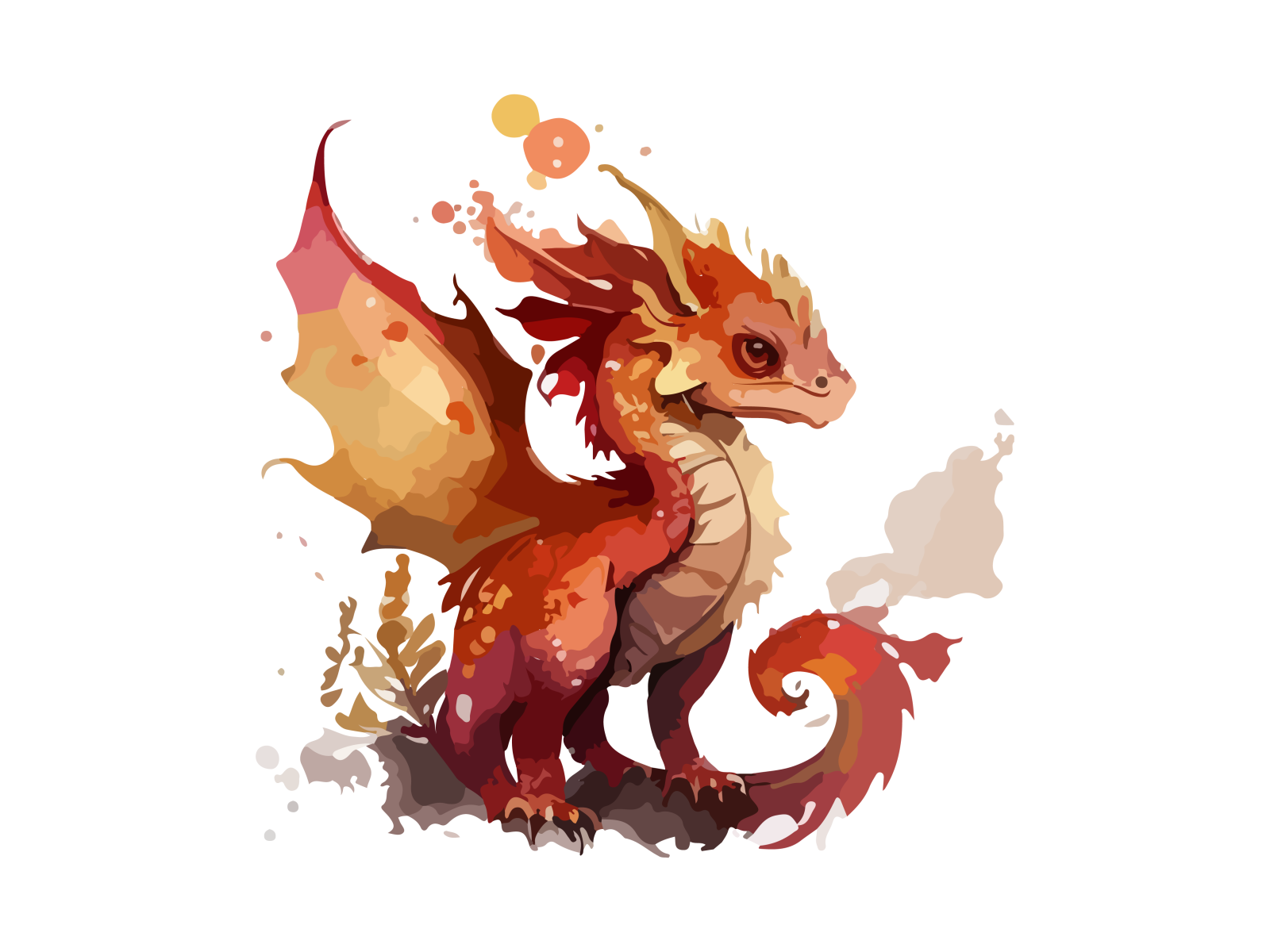 a small red dragon with orange and yellow wings