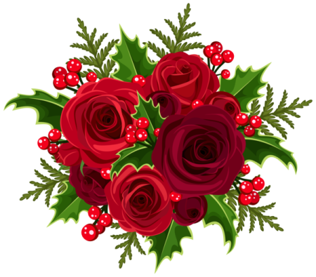 a bouquet of red roses with holly and berries
