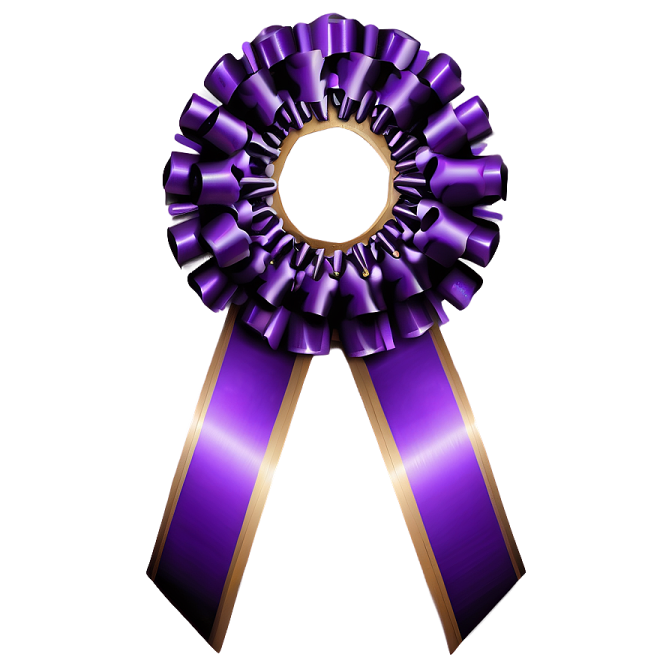 a purple ribbon with a rosette on it