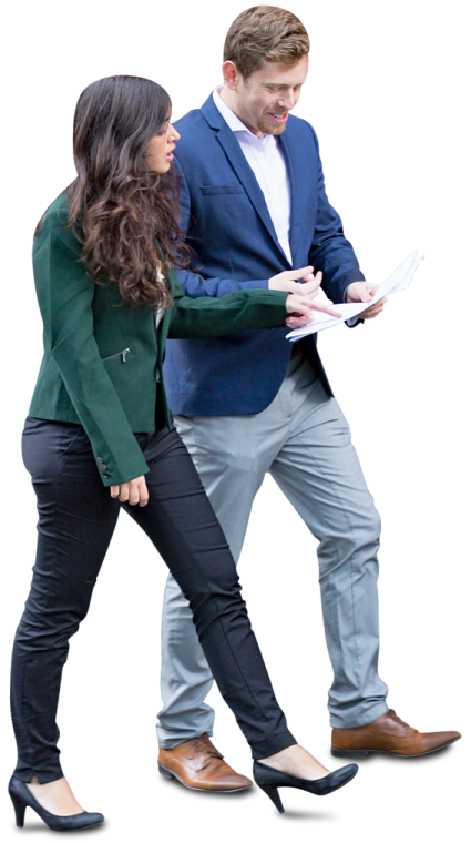 a man and woman in business attire walking together
