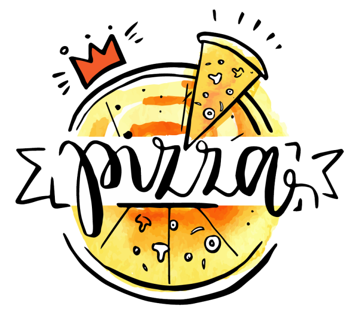 a slice of pizza with the word pizza written on it