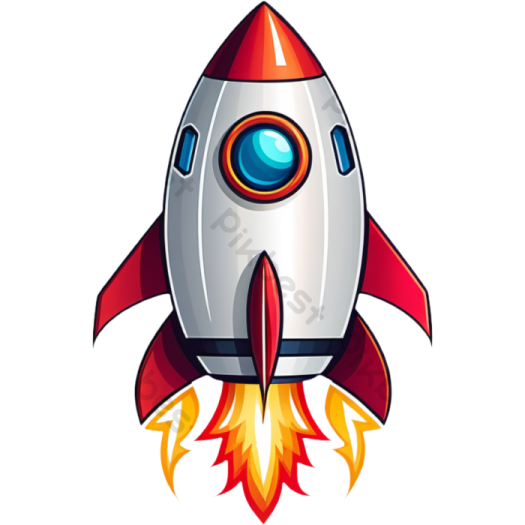 a cartoon rocket with blue eyes and a red tail