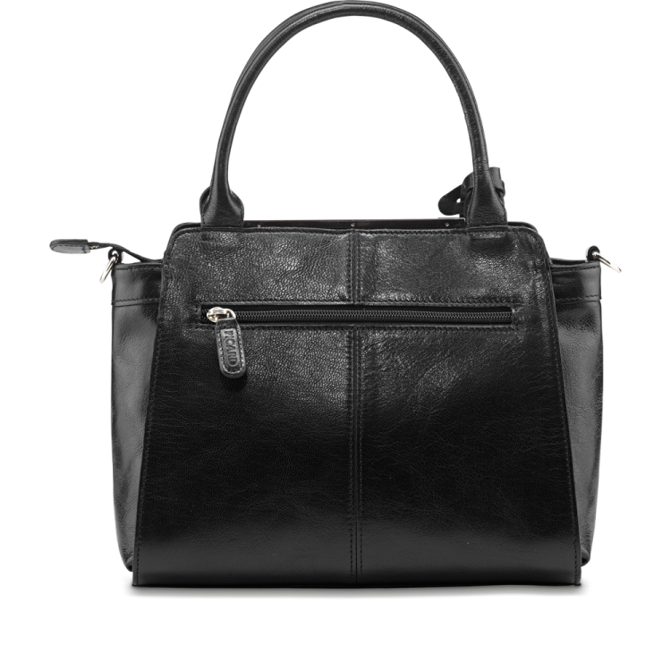 a black leather handbag on a white background