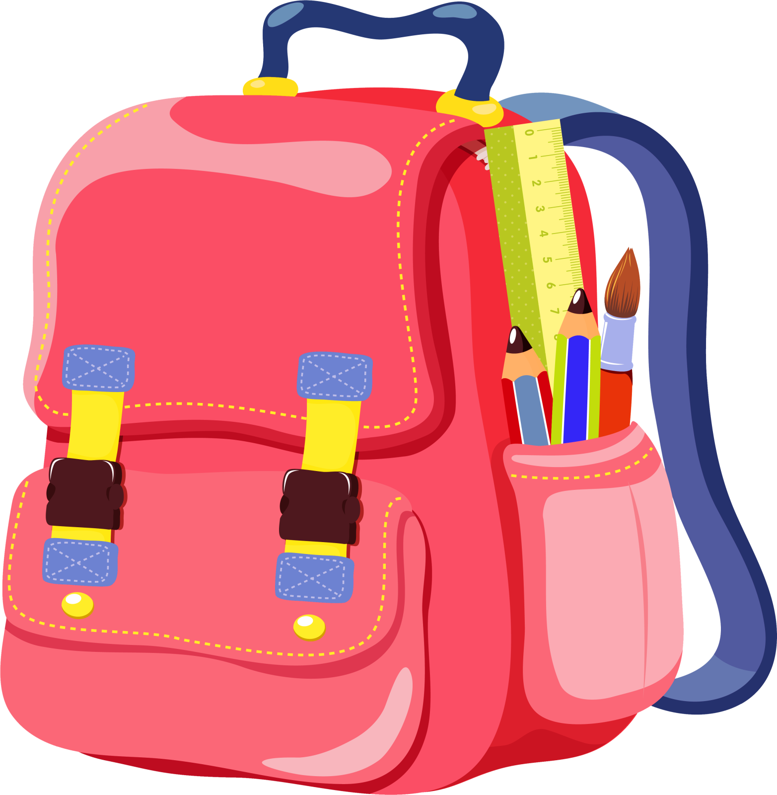 a pink backpack with school supplies on it