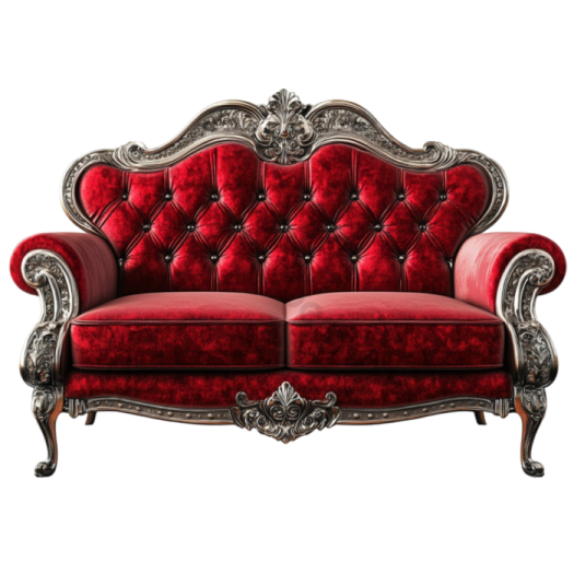 a red and silver couch with ornate carvings on it