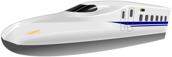 a white train with blue stripes
