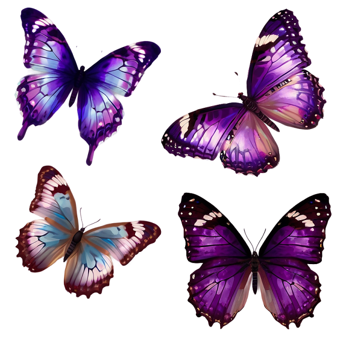 four purple butterflies on white background