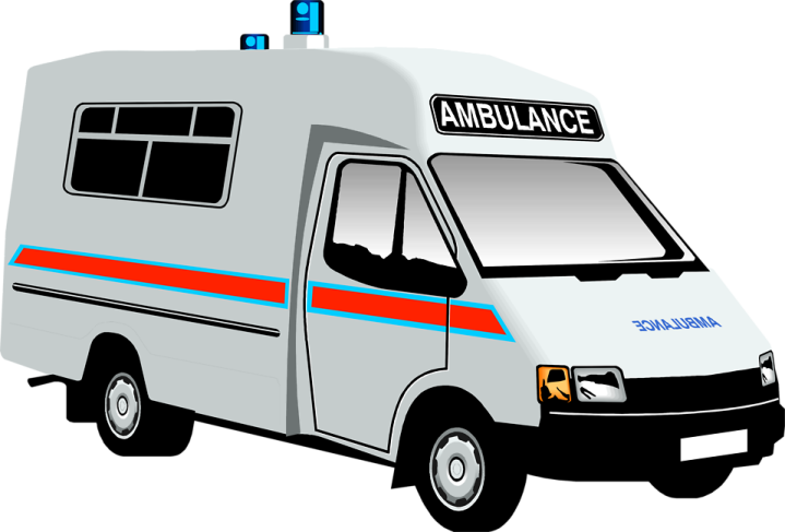 a white ambulance van with red and blue stripes