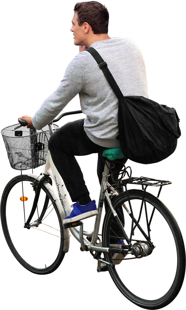 a man riding a bike with a bag on the back