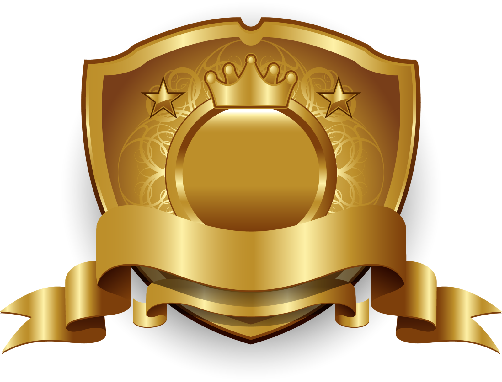 a golden shield with a crown and ribbon