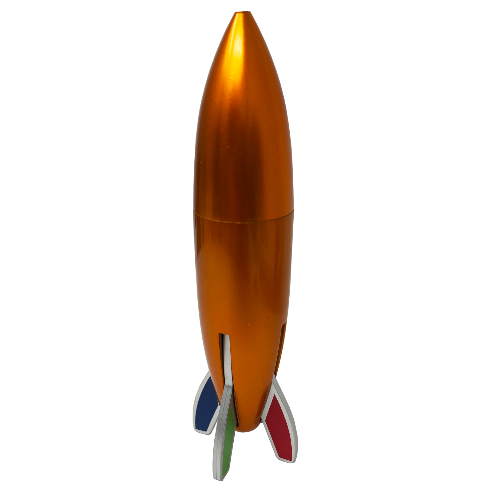 an orange rocket shaped object on a white background