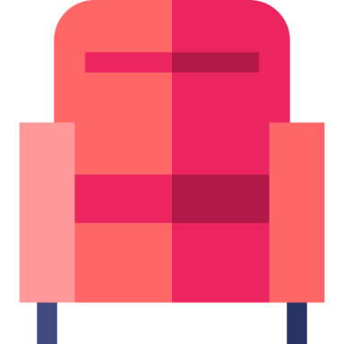 a red chair with blue legs
